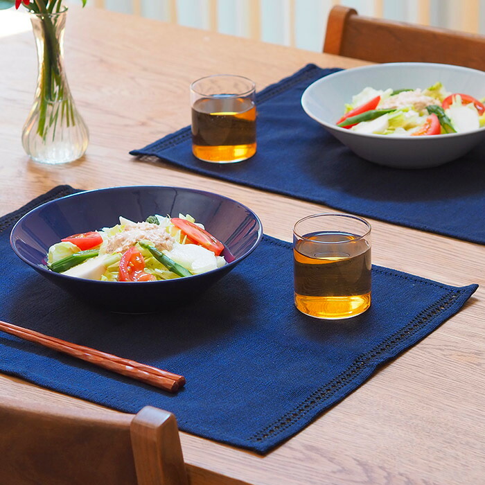 ベアフット　イタリアンヘムステッチ　プレイスマット　スリランカ製　ネイビーブルー　46×33　/　BAREFOOT