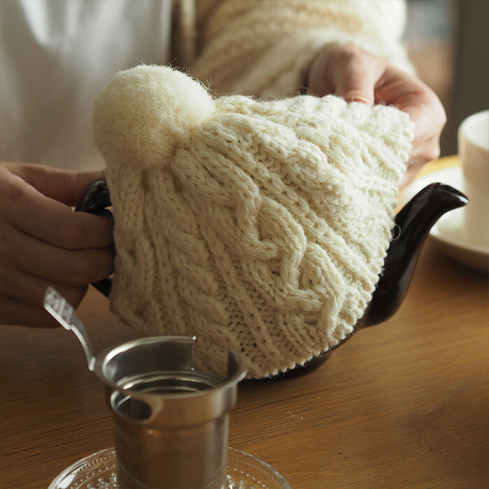 サンク　ハイランド2000　ケーブル編みティーコージー　2カップ用　アイボリー　/　CINQ　