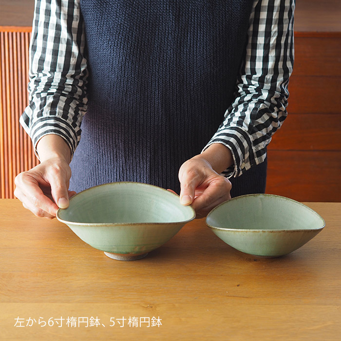 市野耕　彩色灰釉　5寸楕円鉢