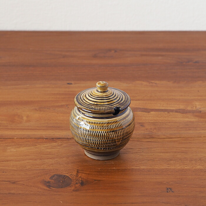 小鹿田焼　小袋窯　1合薬味壺　飴釉飛びかんな