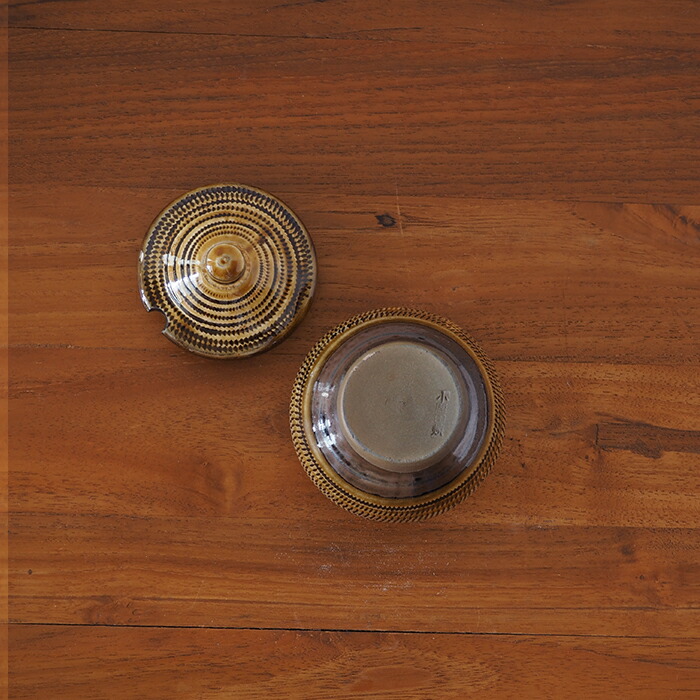 小鹿田焼　小袋窯　1合薬味壺　飴釉飛びかんな