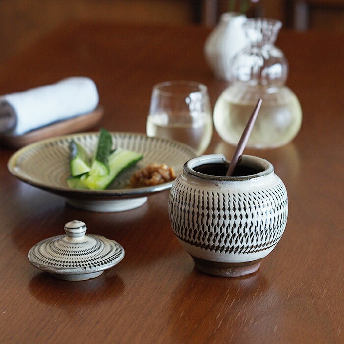 小鹿田焼　小袋窯　1合薬味壺　飛びかんなA