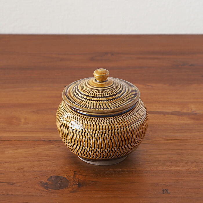 ★小鹿田焼　小袋窯　2合壺　飴釉飛びかんな　