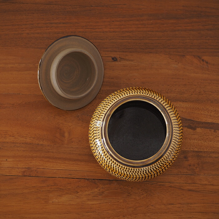 ★小鹿田焼　小袋窯　2合壺　飴釉飛びかんな　