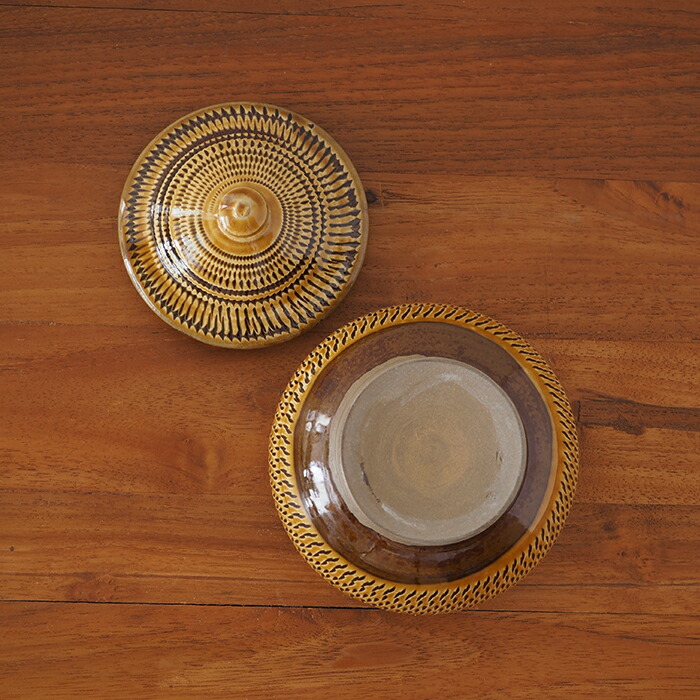 ★小鹿田焼　小袋窯　2合壺　飴釉飛びかんな　