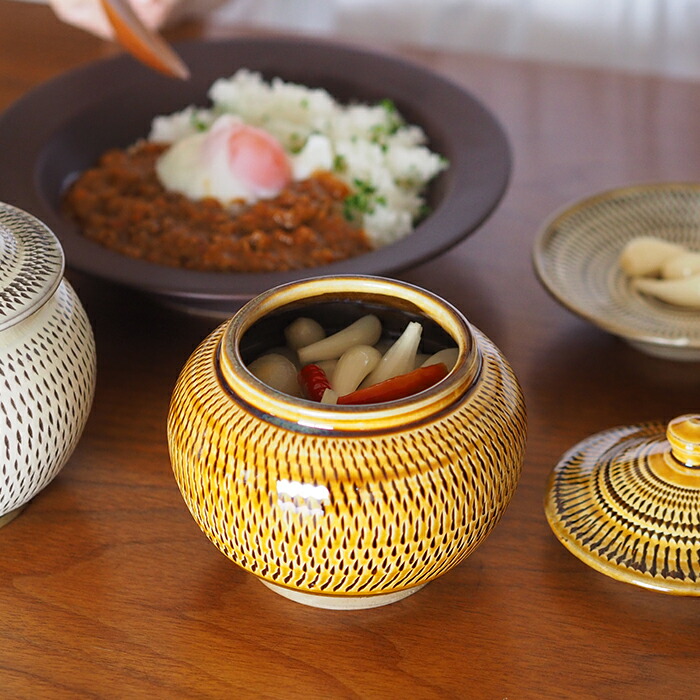 ★小鹿田焼　小袋窯　2合壺　飴釉飛びかんな　