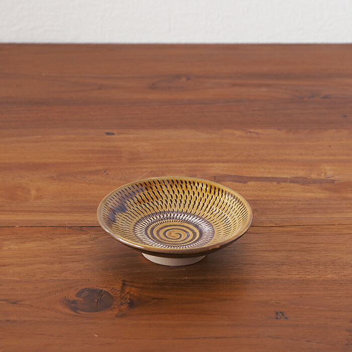 小鹿田焼　小袋窯　4寸皿　飴釉飛びかんな