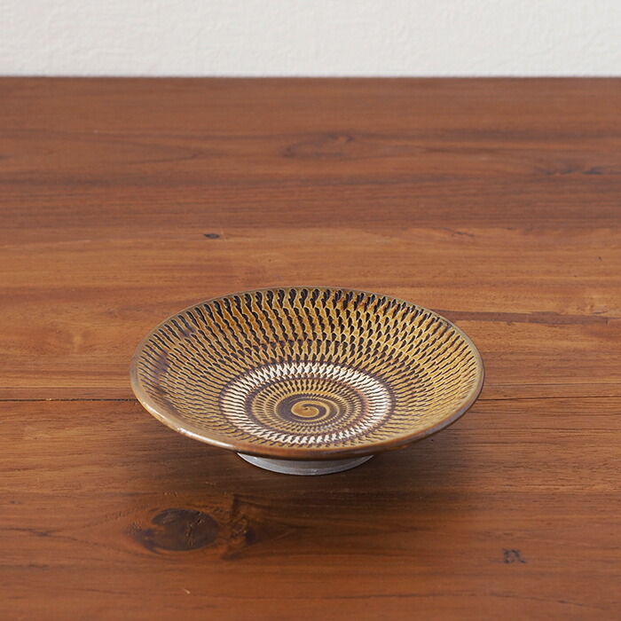 小鹿田焼　小袋窯　5寸皿　飴釉飛びかんな