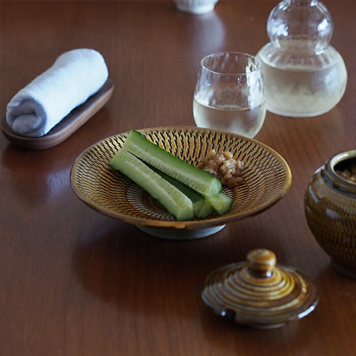 小鹿田焼　小袋窯　5寸皿　飴釉飛びかんな