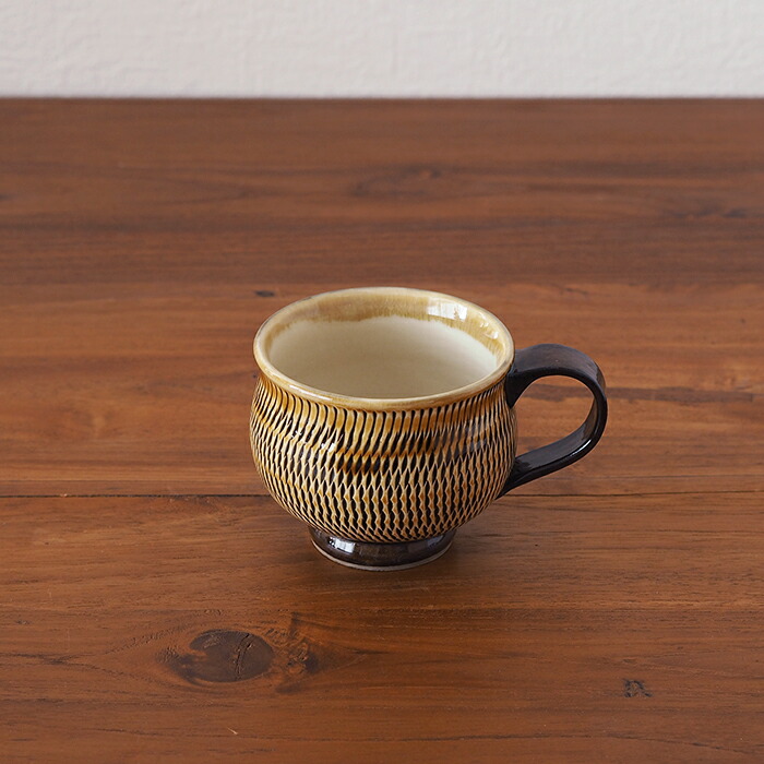 小鹿田焼　小袋窯　マグカップ　飴釉飛びかんな