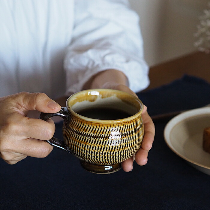 小鹿田焼　小袋窯　マグカップ　飴釉飛びかんな