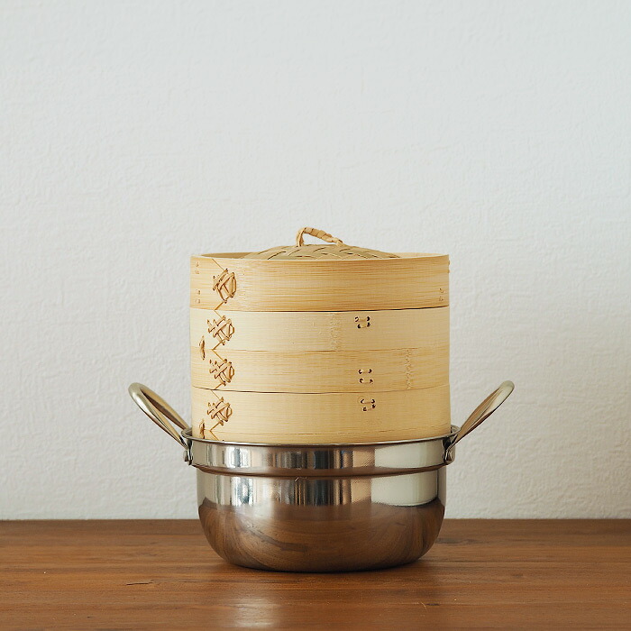 かごや　竹　中華せいろ　18cm　2段　ステンレス鍋付セット