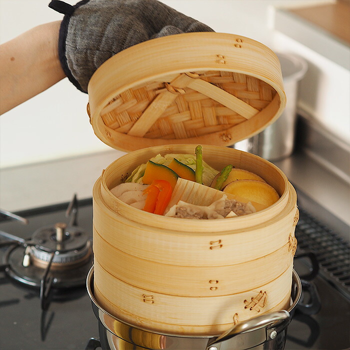 かごや　竹　中華せいろ　18cm　2段　ステンレス鍋付セット