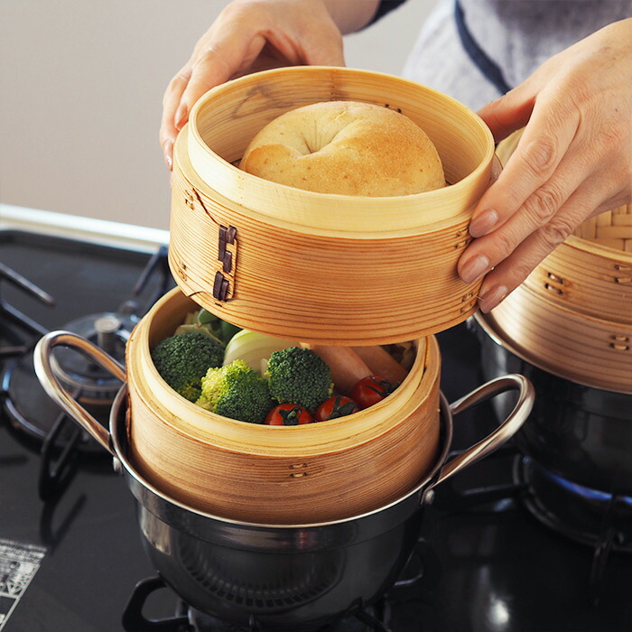 かごや　杉　中華せいろ　15cm　2段　ステンレス鍋付セット