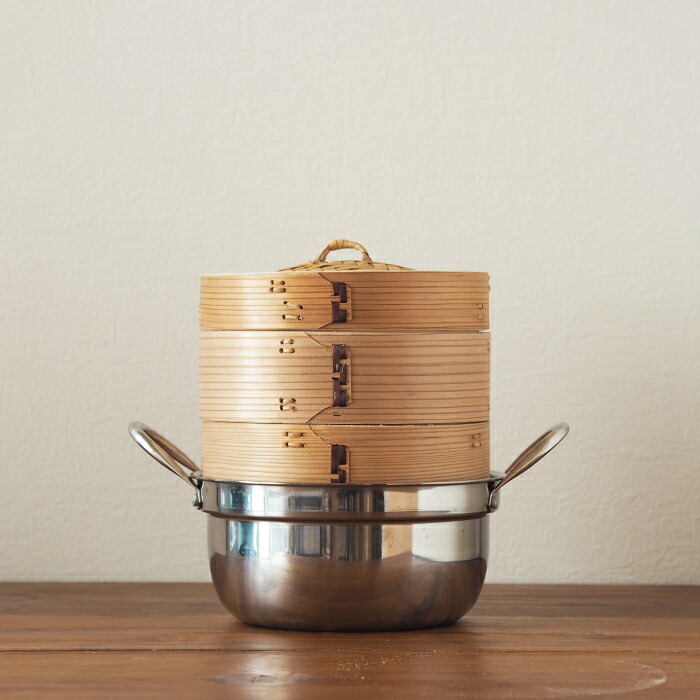 かごや　杉　中華せいろ　18cm　2段　ステンレス鍋付セット