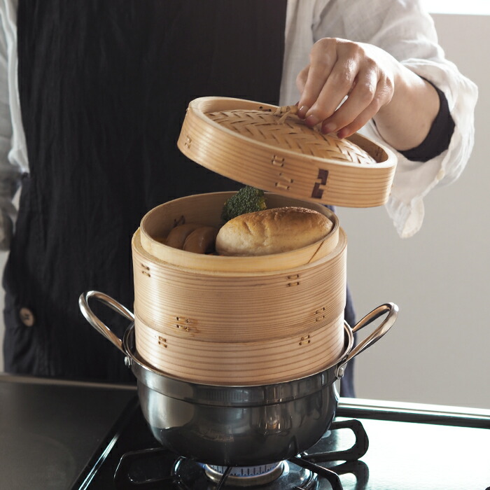 かごや　杉　中華せいろ　18cm　2段　ステンレス鍋付セット