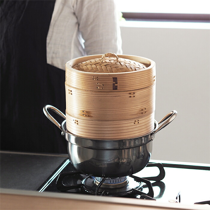 かごや　杉　中華せいろ　18cm　2段　ステンレス鍋付セット