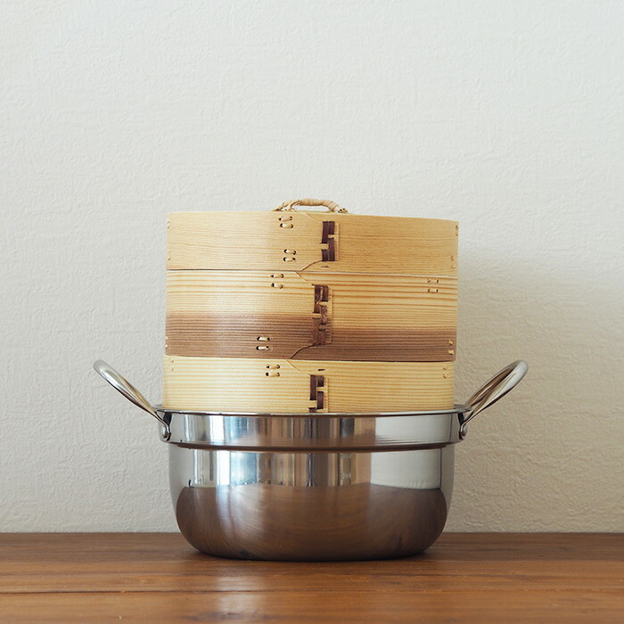 かごや　杉　中華せいろ　21cm　2段　ステンレス鍋付セット