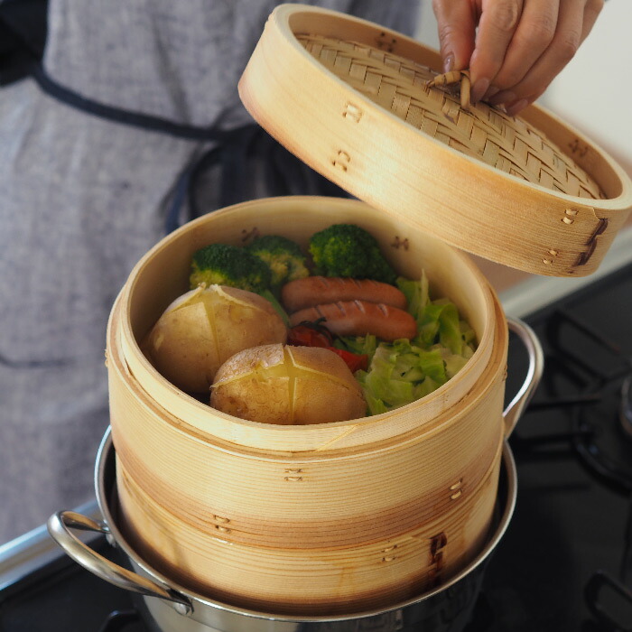 かごや　杉　中華せいろ　21cm　2段　ステンレス鍋付セット