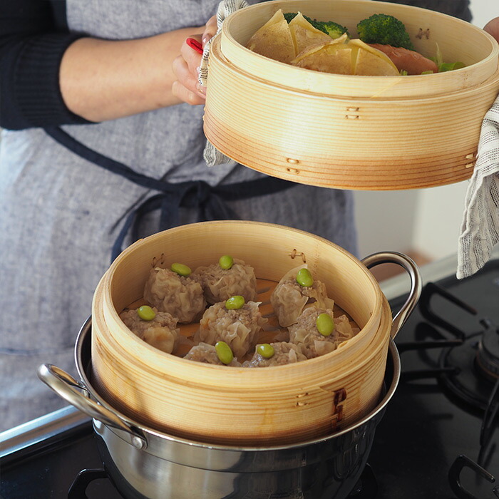 かごや　杉　中華せいろ　21cm　2段　ステンレス鍋付セット