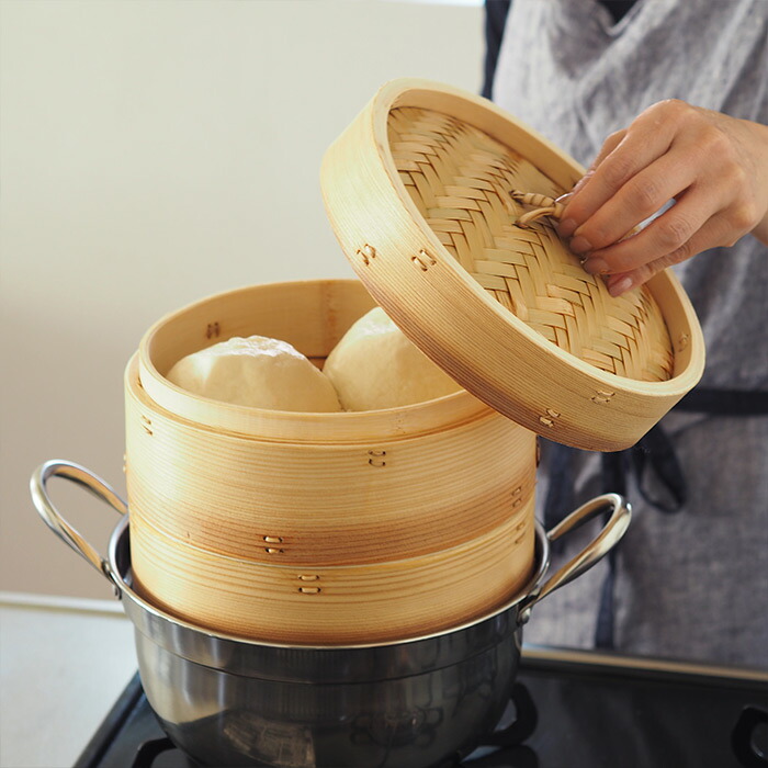 かごや　杉　中華せいろ　21cm　2段　ステンレス鍋付セット