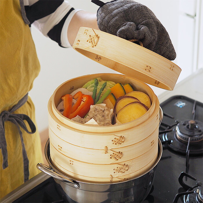 かごや　竹　中華せいろ　21cm　2段　ステンレス鍋付セット