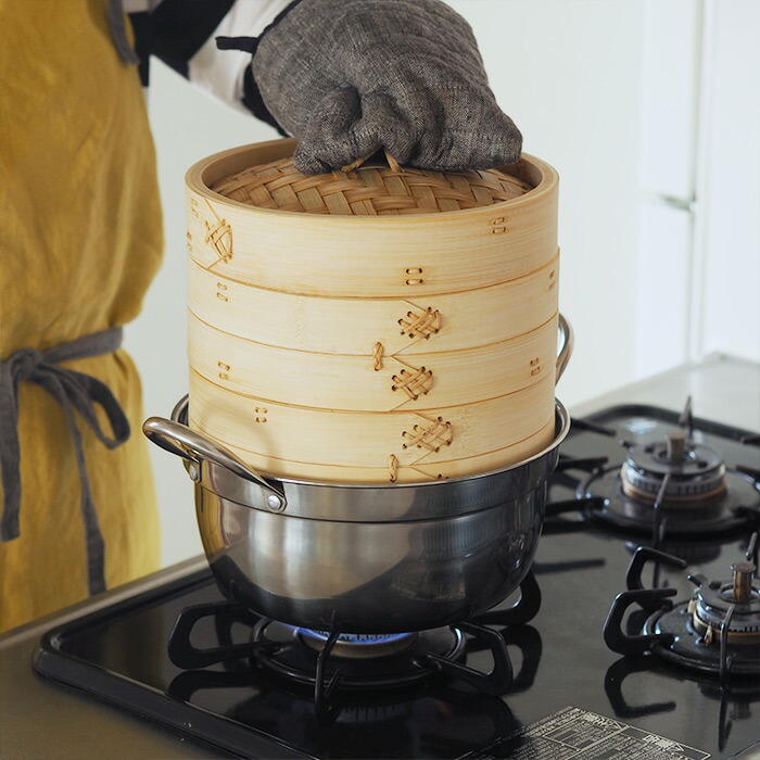 かごや　竹　中華せいろ　21cm　2段　ステンレス鍋付セット