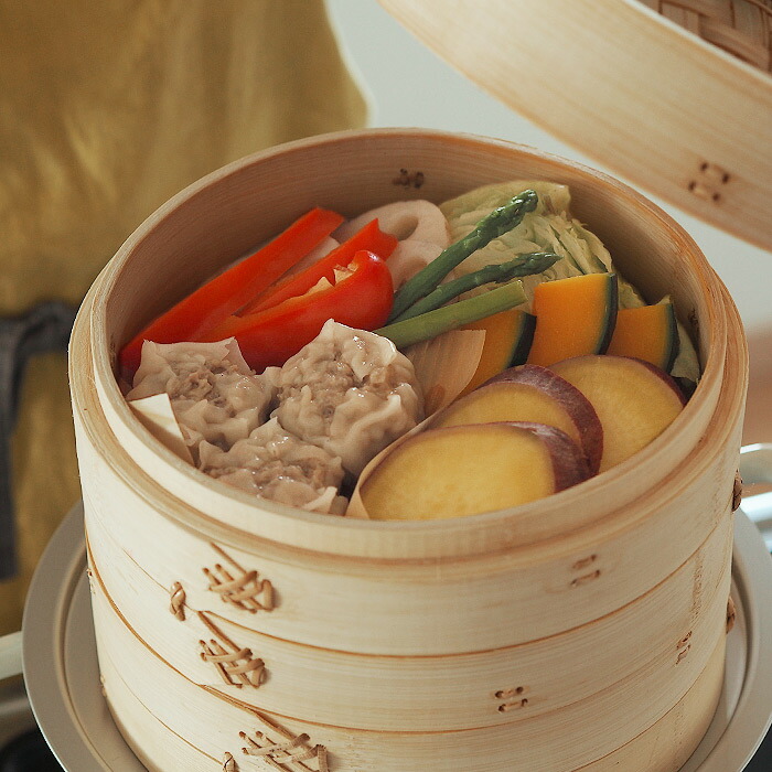 かごや　竹　中華せいろ　21cm　2段　アルミ蒸板付セット