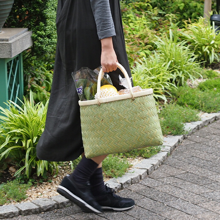 かごや　特選　青竹　市場籠　籐手　小