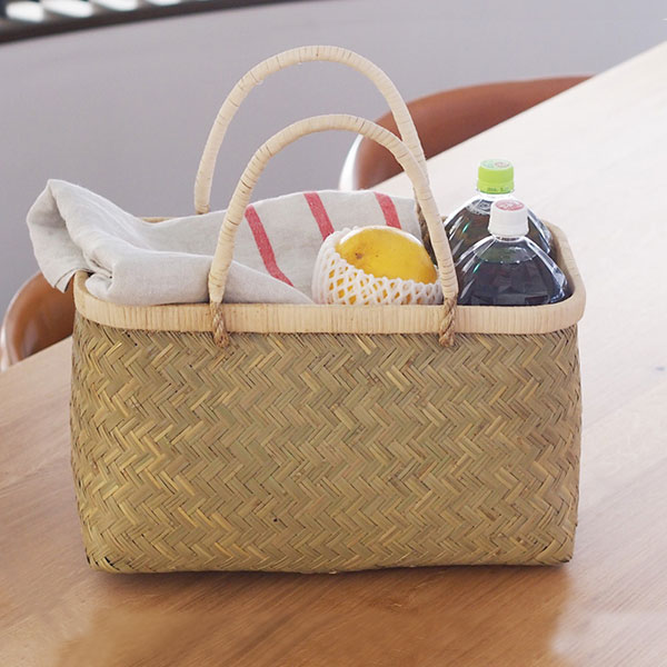 かごや　特選　青竹　市場籠　籐手　中