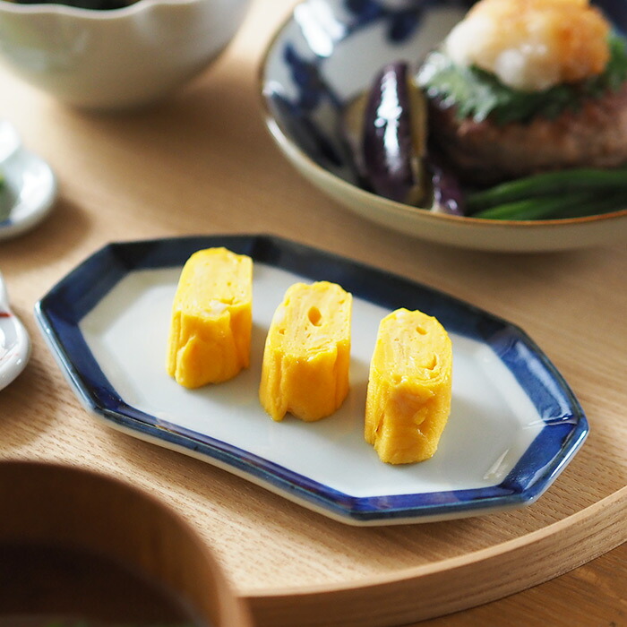 日下華子　色絵　ふち呉須　八角プレート小