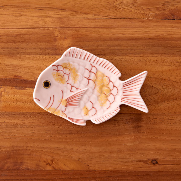 幸楽窯　錦　薄桜釉　金叩　鯛形　銘々皿