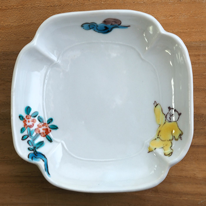 堀畑蘭　隅入豆皿　色絵唐子とお花