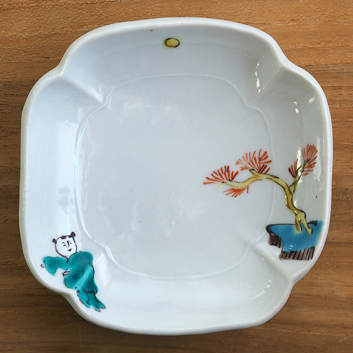 堀畑蘭　隅入豆皿　色絵唐子と赤松