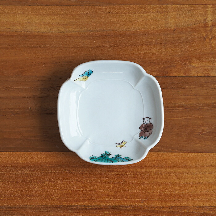 堀畑蘭　隅入豆皿　色絵唐子とちょうちょう