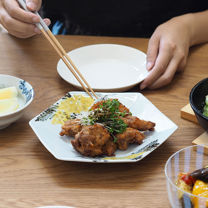 九谷青窯　横井佳乃　色絵ミモザ　六角深皿