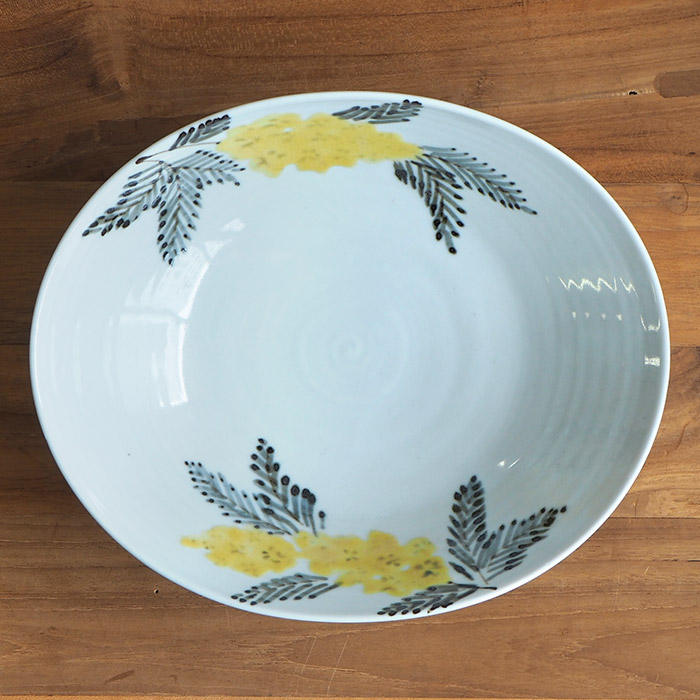 九谷青窯　横井佳乃　色絵ミモザ　たわみ鉢