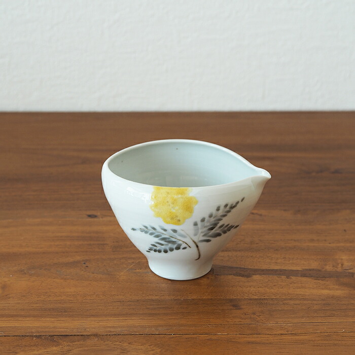 九谷青窯　横井佳乃　色絵ミモザ　片口3.5寸深鉢