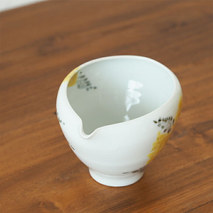 九谷青窯　横井佳乃　色絵ミモザ　片口3.5寸深鉢