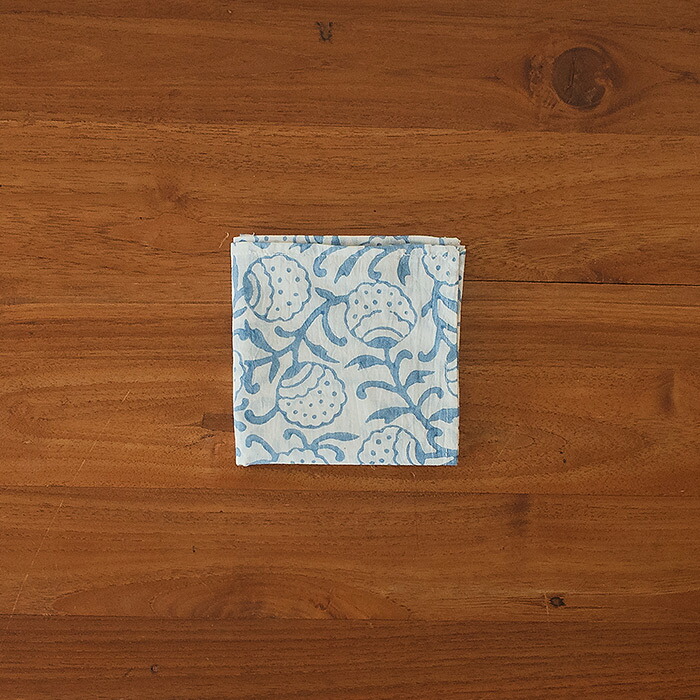 ピープルツリー　ブロックプリント　ハンカチ　フラワー・ブルー　/　People　Tree