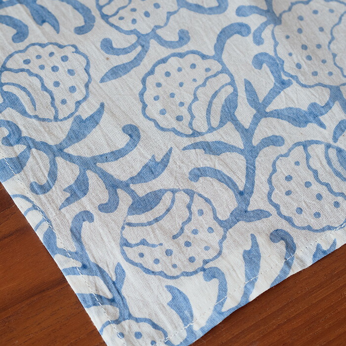 ピープルツリー　ブロックプリント　ハンカチ　フラワー・ブルー　/　People　Tree