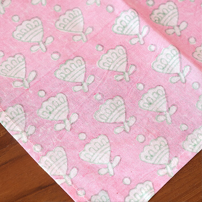 ピープルツリー　ブロックプリント　ハンカチ　フラワー・ピンク　/　People　Tree