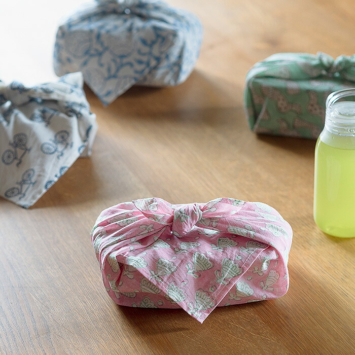 ピープルツリー　ブロックプリント　ハンカチ　フラワー・ピンク　/　People　Tree