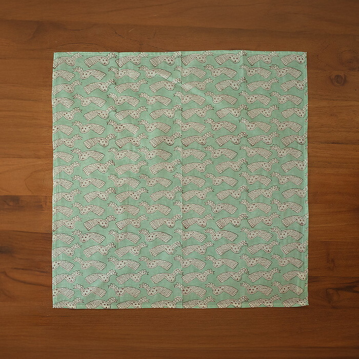 ピープルツリー　ブロックプリント　ハンカチ　トリ・グリーン　/　People　Tree