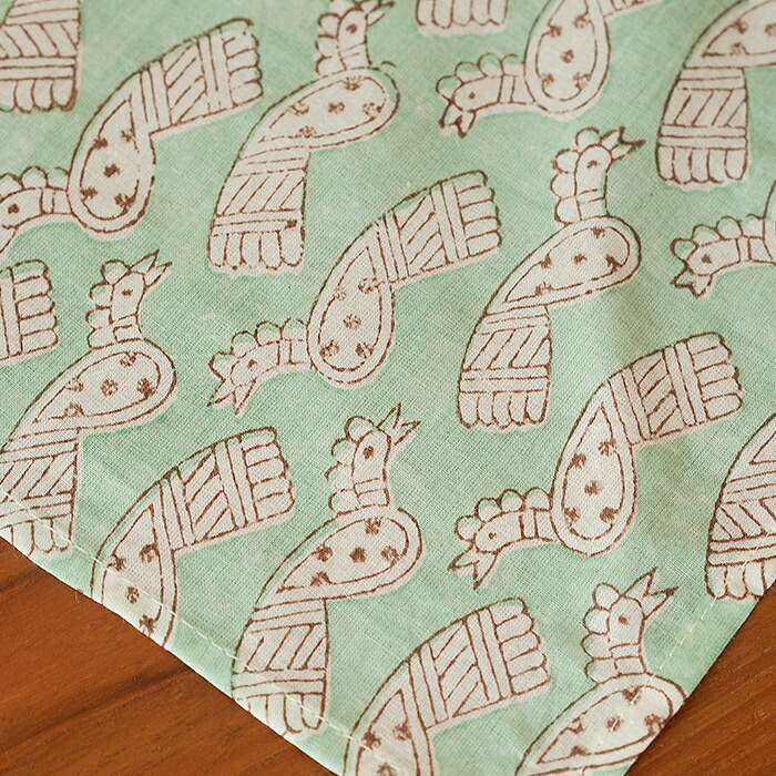 ピープルツリー　ブロックプリント　ハンカチ　トリ・グリーン　/　People　Tree