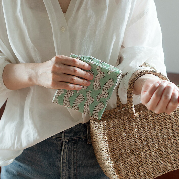 ピープルツリー　ブロックプリント　ハンカチ　トリ・グリーン　/　People　Tree