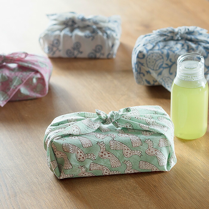 ピープルツリー　ブロックプリント　ハンカチ　トリ・グリーン　/　People　Tree