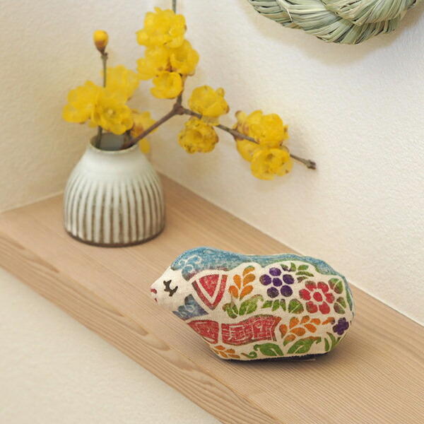 真工藝　木版手染めぬいぐるみ　干支シリーズ・仔　未　ひつじ　青色