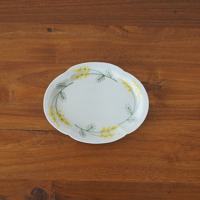 徳永遊心窯　色絵ミモザ　鍔型皿　小