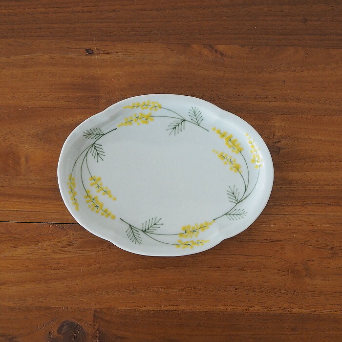 徳永遊心窯　色絵ミモザ　鍔型皿　中